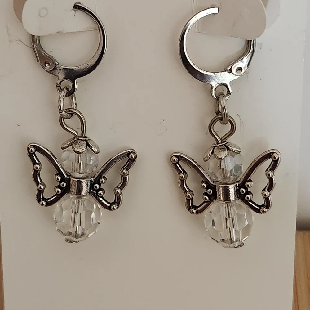 Hand Crafted Earrings Clear Crystal Angel Pierced with Silver Angel Wings